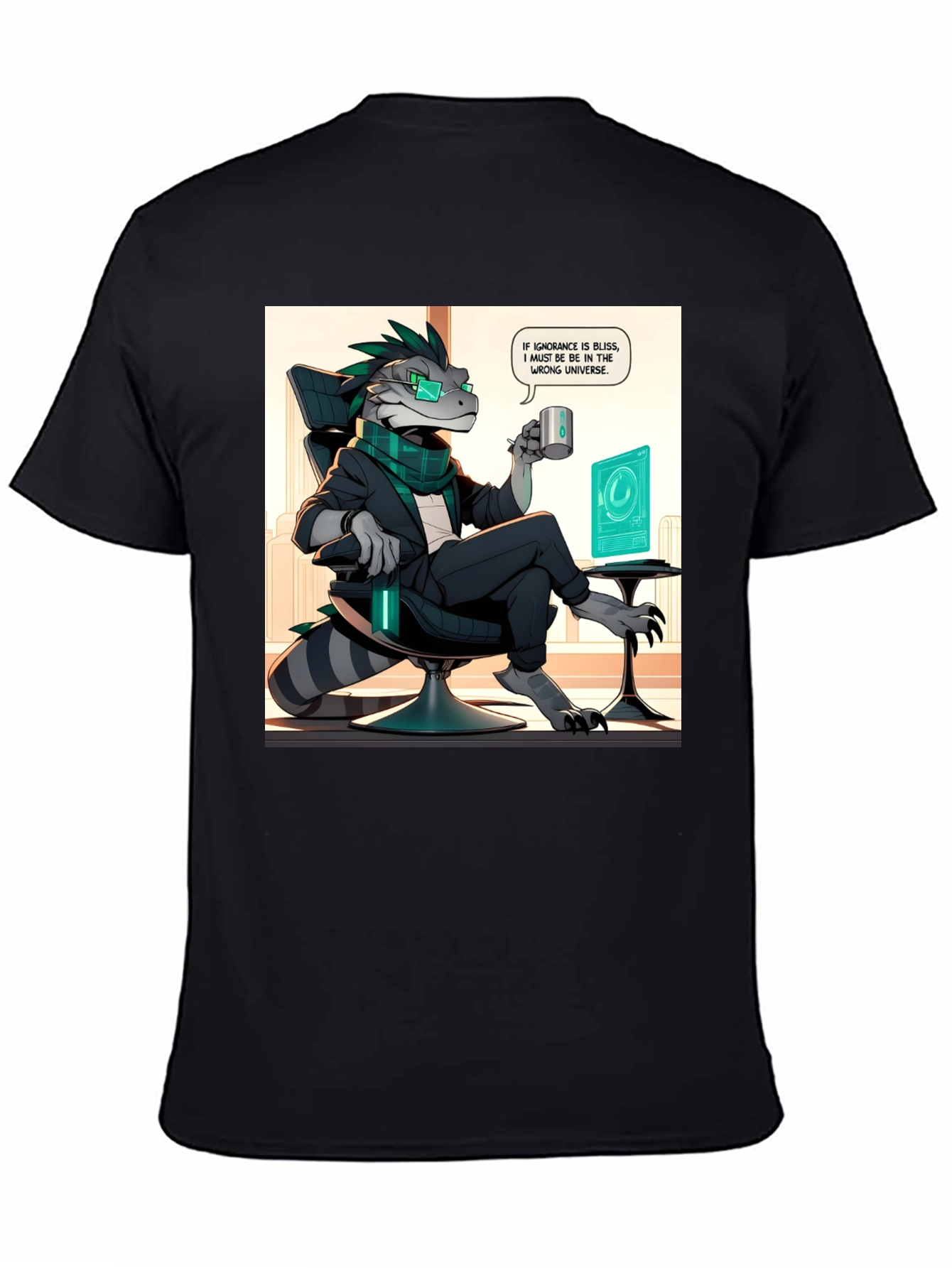 Camiseta Negra con Diseño de Lagarto Oficinista