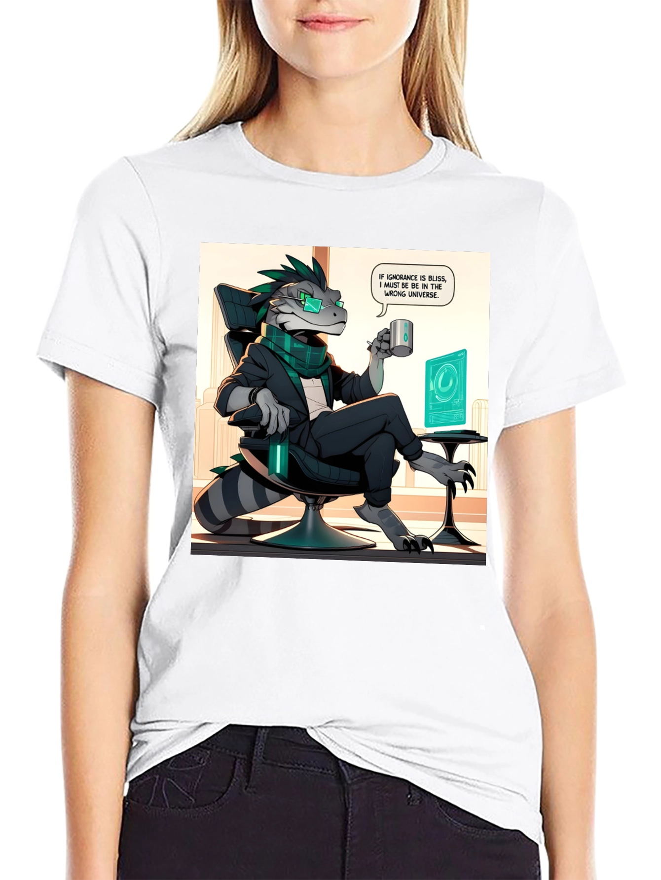 Camiseta Negra con Diseño de Lagarto Oficinista