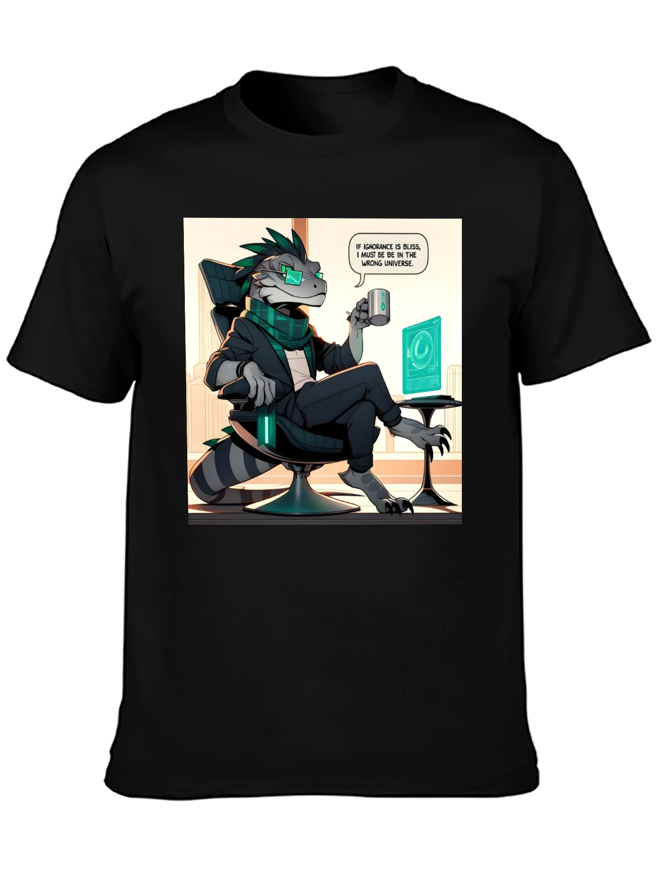 Camiseta Negra con Diseño de Lagarto Oficinista