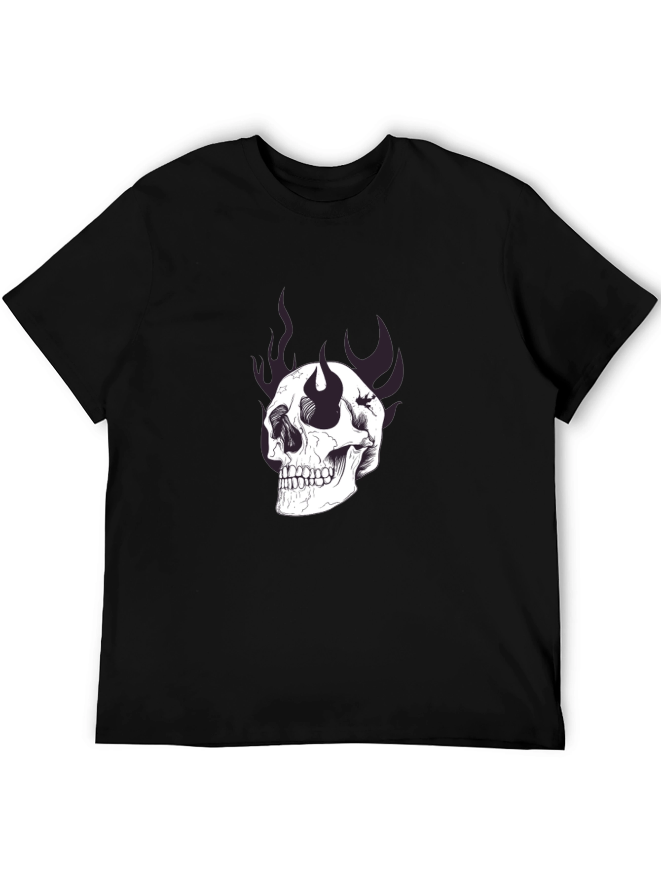 Camiseta Negra con Estampado de Calavera y Llamas