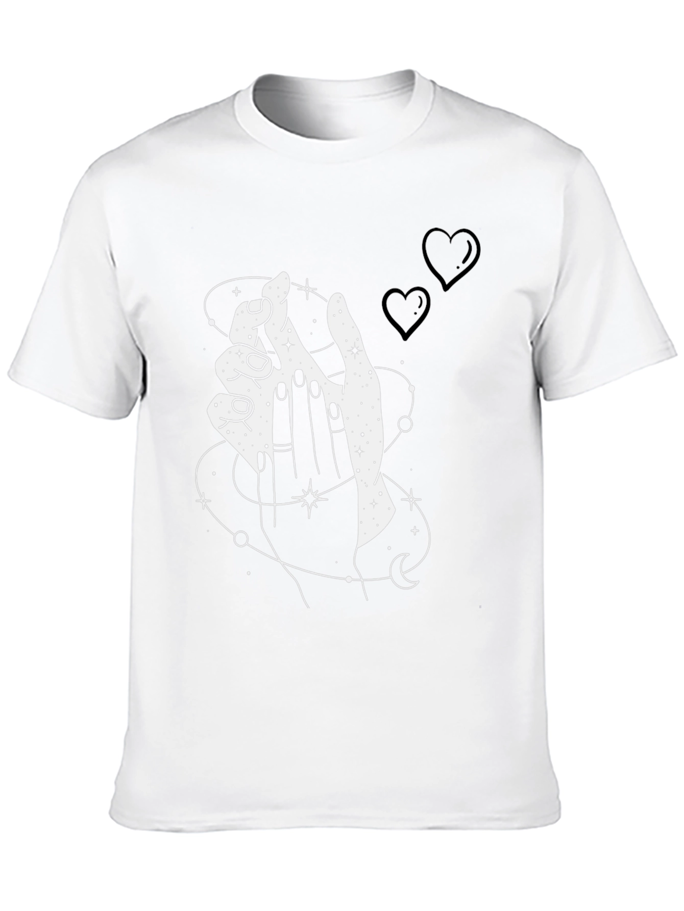 Camiseta Negra Mística con Diseño de Manos y Estrellas