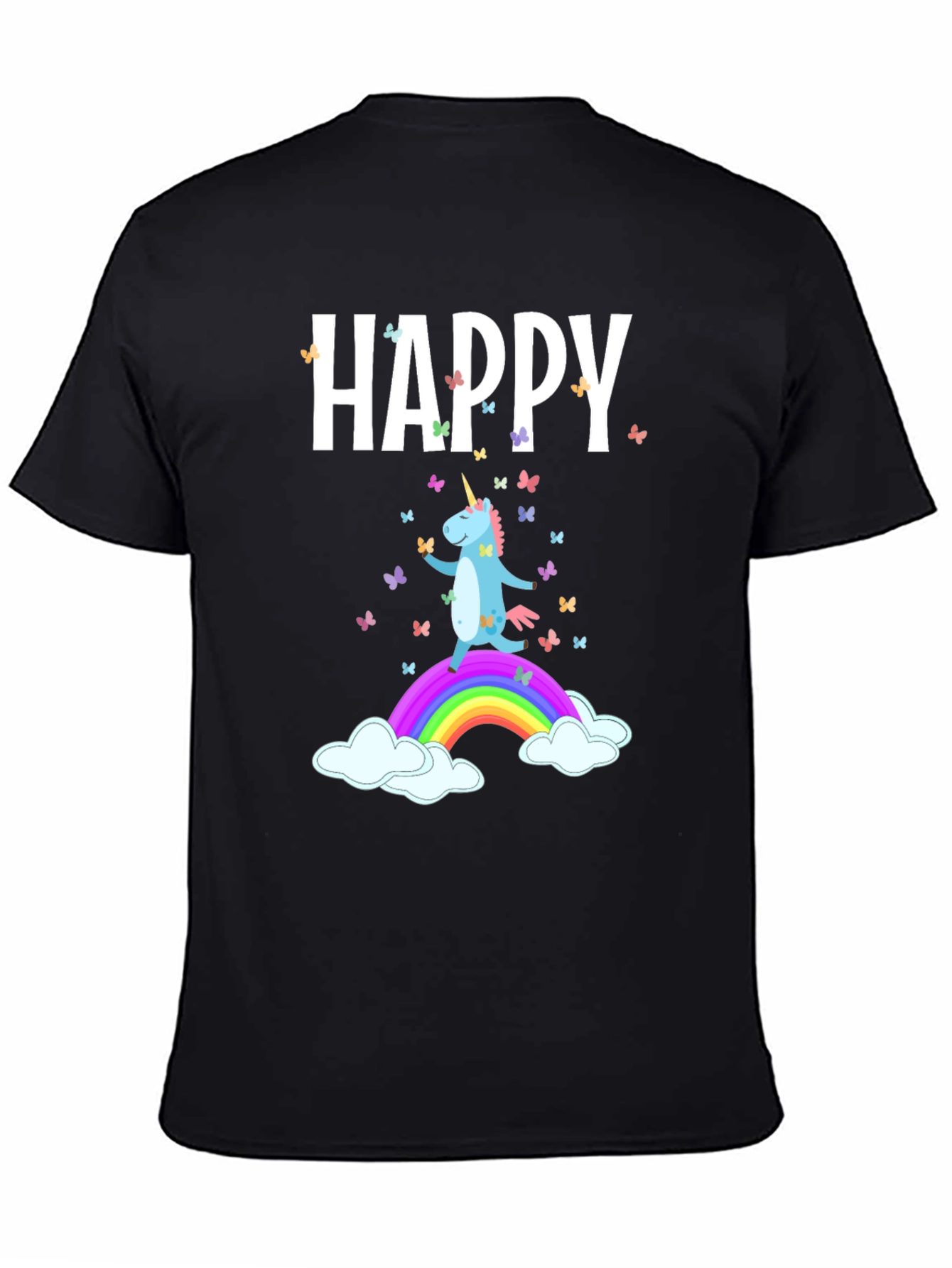Camiseta Negra Unicornio Feliz Arcoíris