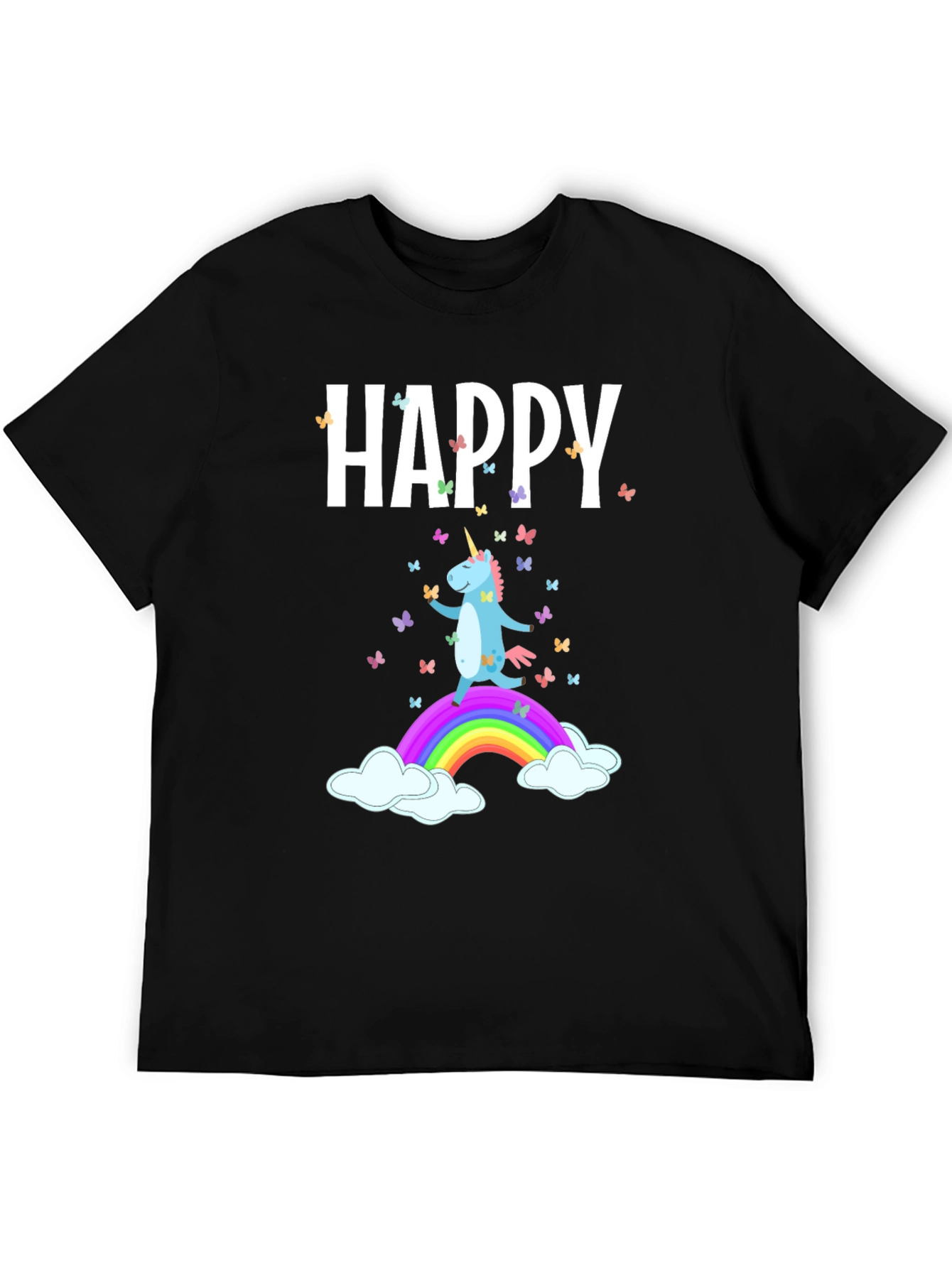 Camiseta Negra Unicornio Feliz Arcoíris