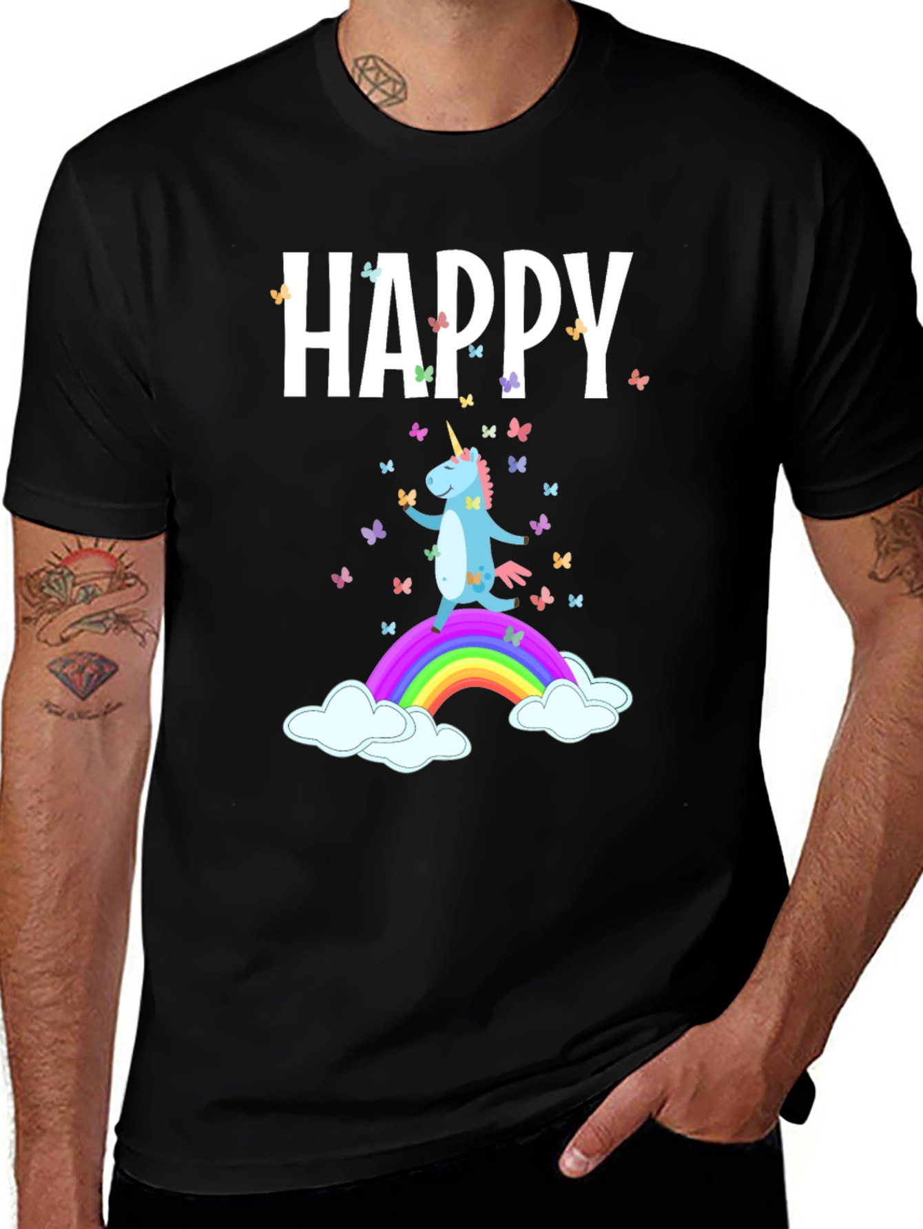 Camiseta Negra Unicornio Feliz Arcoíris