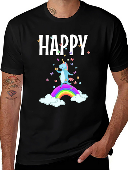 Camiseta Negra Unicornio Feliz Arcoíris