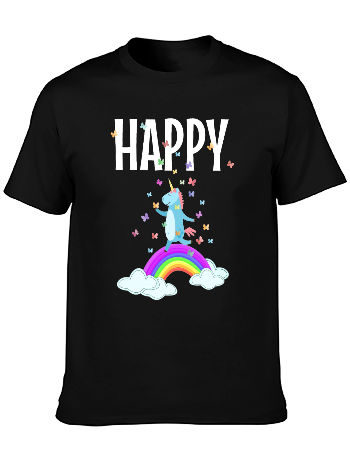 Camiseta Negra Unicornio Feliz Arcoíris