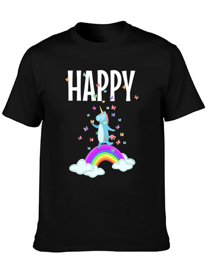 Camiseta Negra Unicornio Feliz Arcoíris