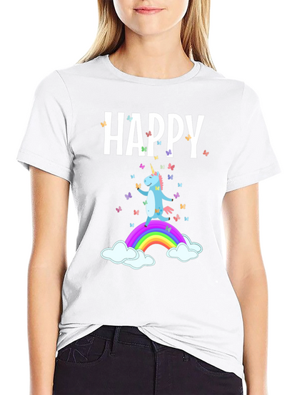 Camiseta Negra Unicornio Feliz Arcoíris