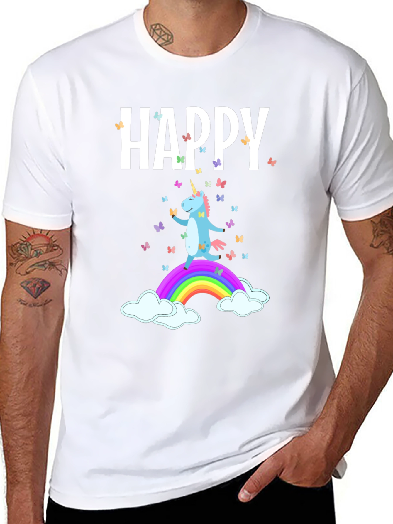 Camiseta Negra Unicornio Feliz Arcoíris