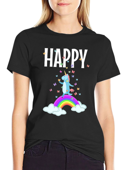 Camiseta Negra Unicornio Feliz Arcoíris