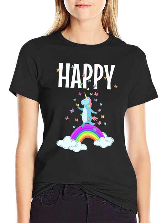 Camiseta Negra Unicornio Feliz Arcoíris