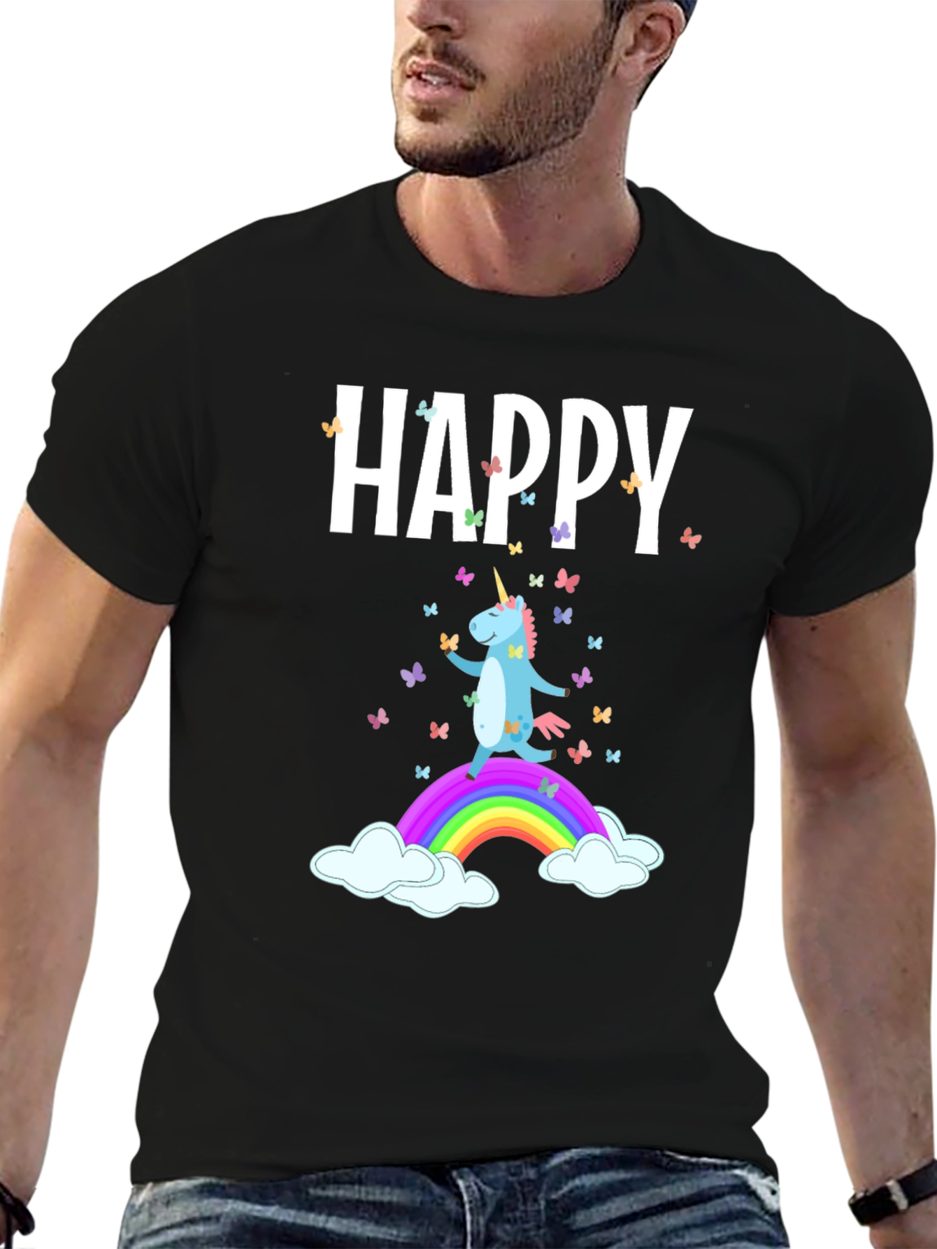 Camiseta Negra Unicornio Feliz Arcoíris