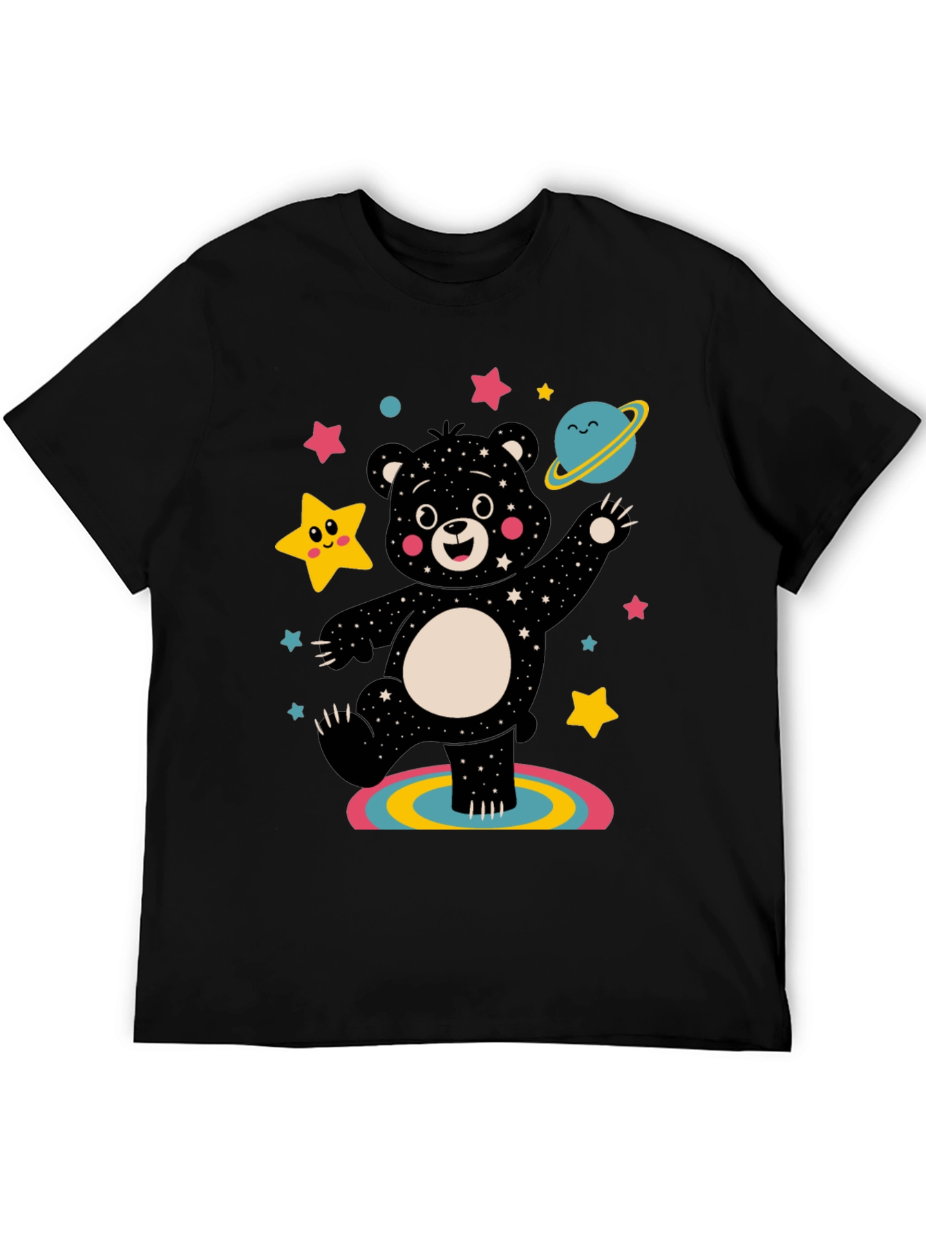 Camiseta Negra con Oso Cósmico Divertido