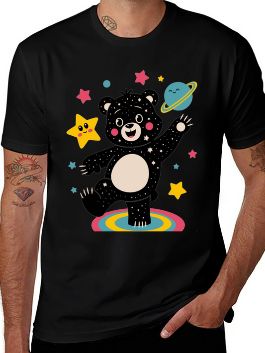 Camiseta Negra con Oso Cósmico Divertido