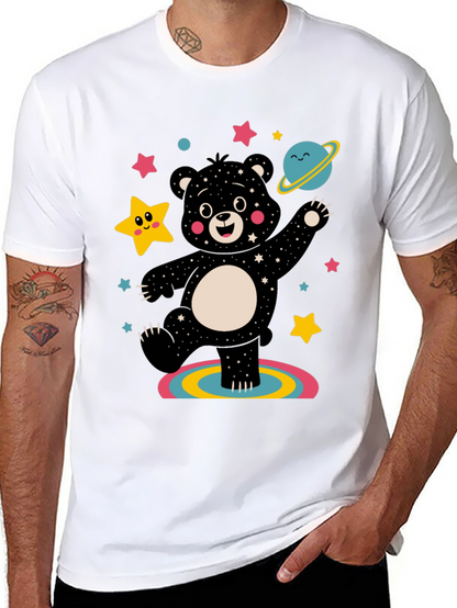 Camiseta Negra con Oso Cósmico Divertido