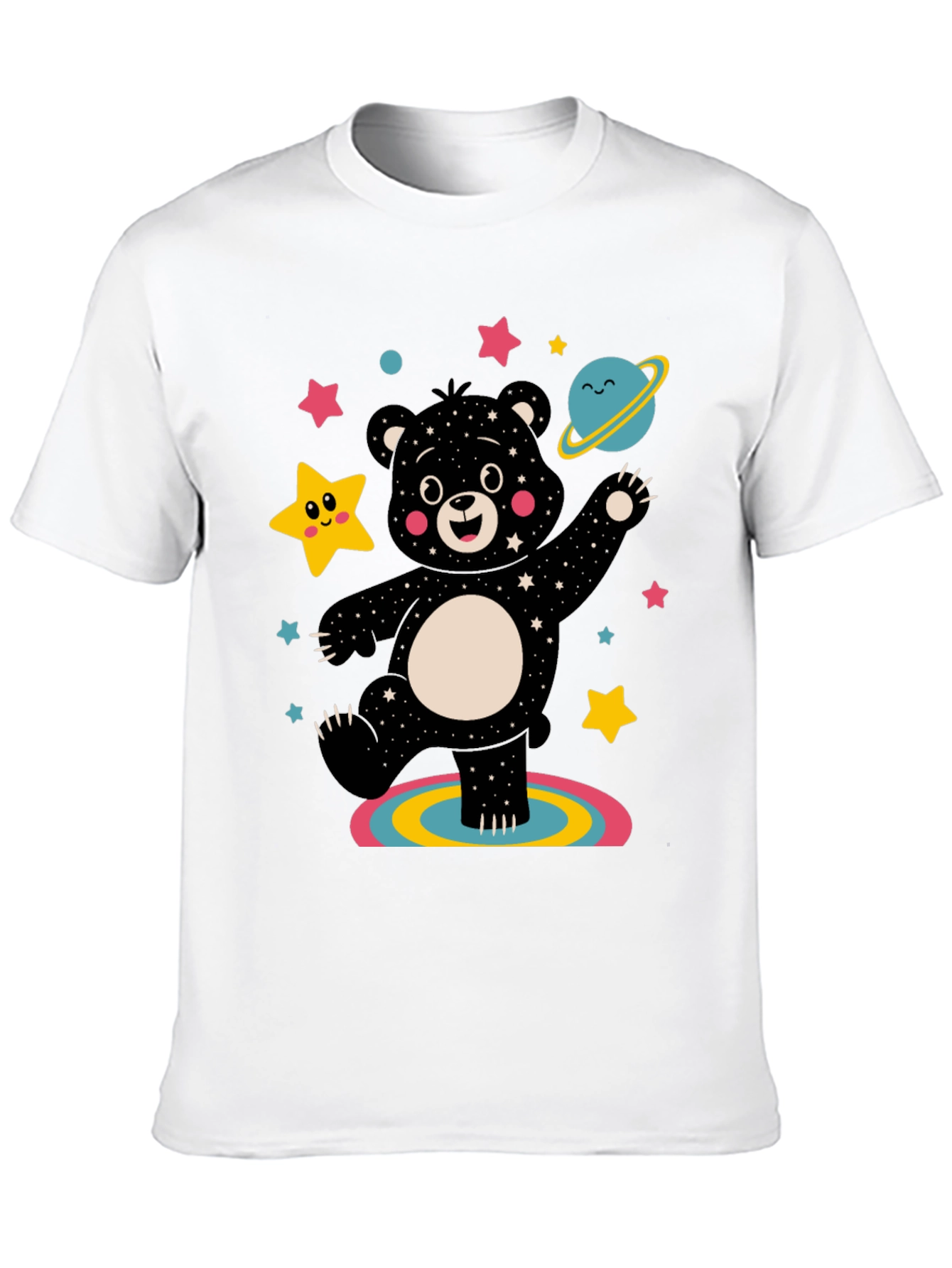 Camiseta Negra con Oso Cósmico Divertido