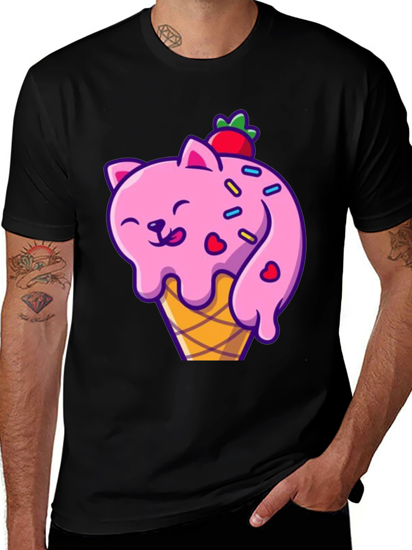Camiseta Negra con Diseño de Gato Helado