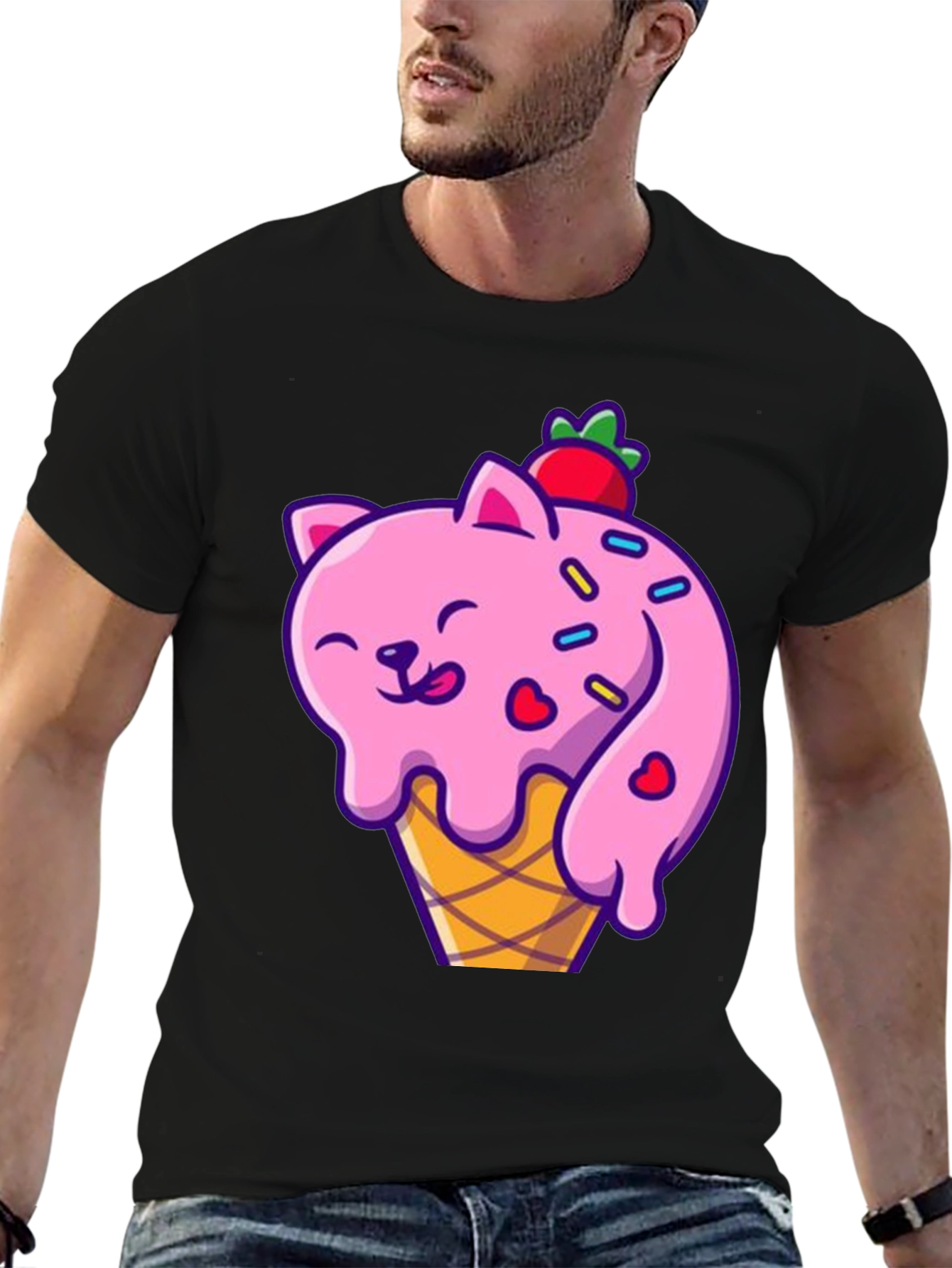 Camiseta Negra con Diseño de Gato Helado