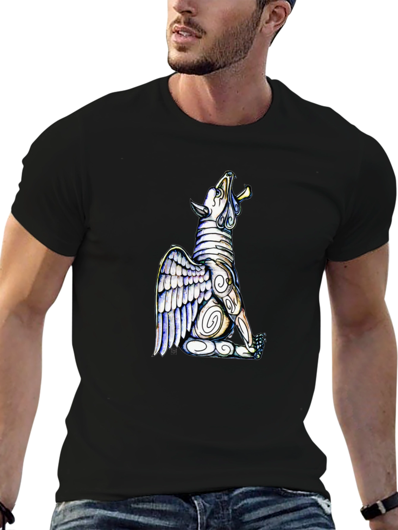 Camiseta Negra con Diseño de Lobo Alado Artístico
