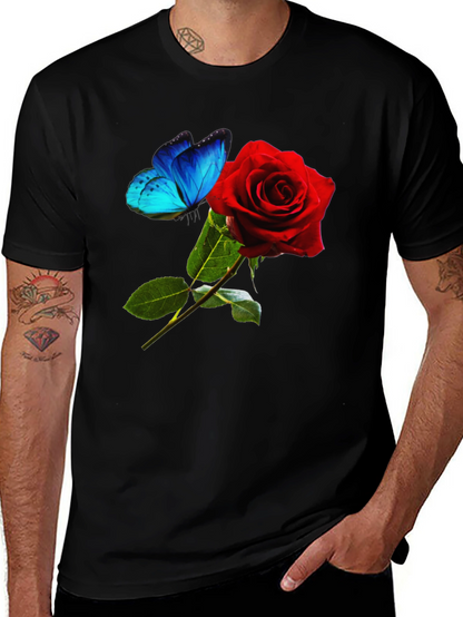 Camiseta Negra: Rosa Roja y Mariposa Azul