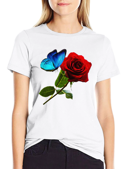Camiseta Negra: Rosa Roja y Mariposa Azul