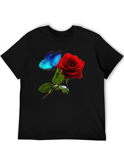 Camiseta Negra: Rosa Roja y Mariposa Azul