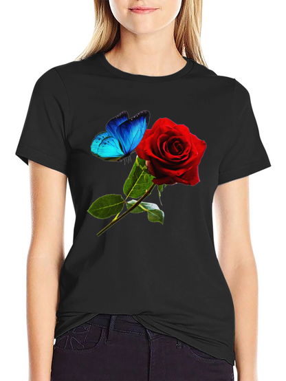Camiseta Negra: Rosa Roja y Mariposa Azul