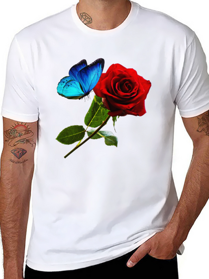 Camiseta Negra: Rosa Roja y Mariposa Azul