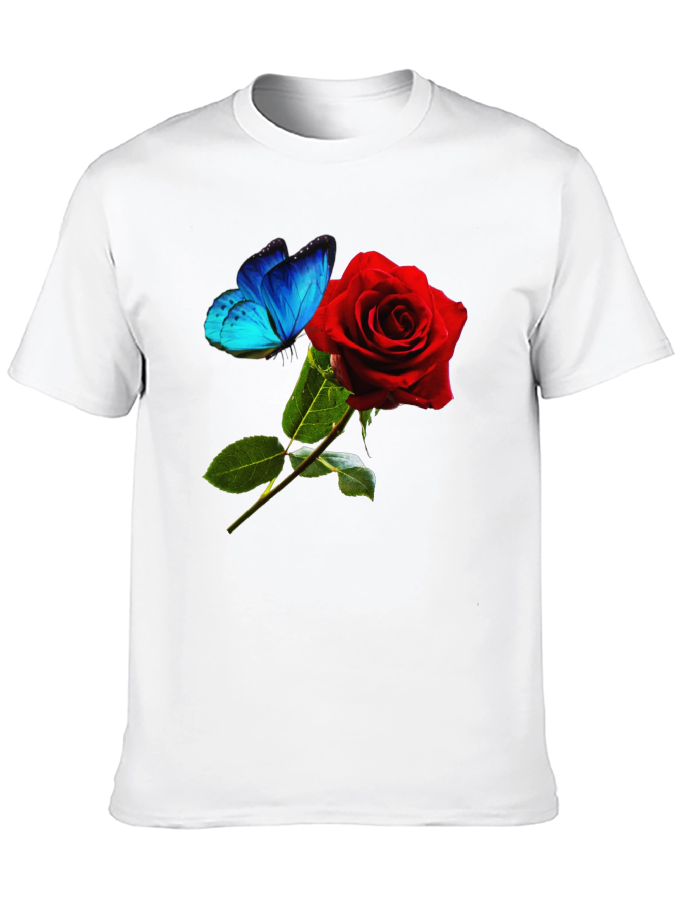 Camiseta Negra: Rosa Roja y Mariposa Azul