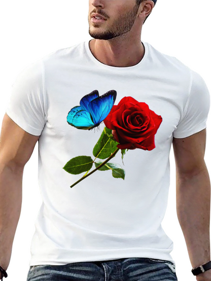 Camiseta Negra: Rosa Roja y Mariposa Azul