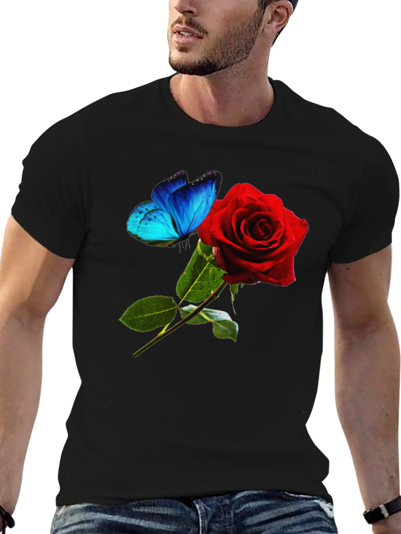 Camiseta Negra: Rosa Roja y Mariposa Azul