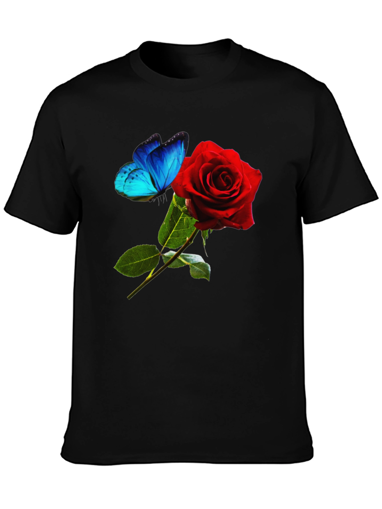 Camiseta Negra: Rosa Roja y Mariposa Azul