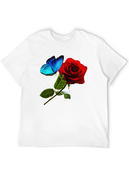 Camiseta Negra: Rosa Roja y Mariposa Azul