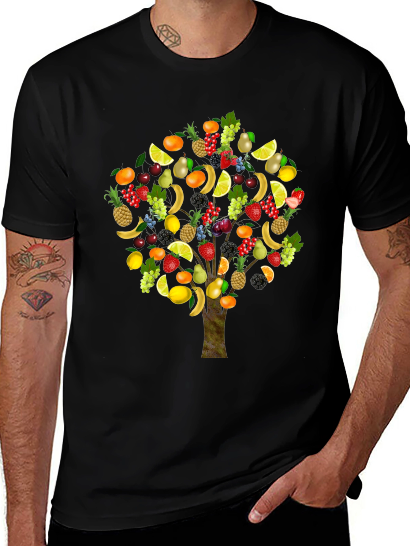 Camiseta Negra con Árbol Frutal Divertido