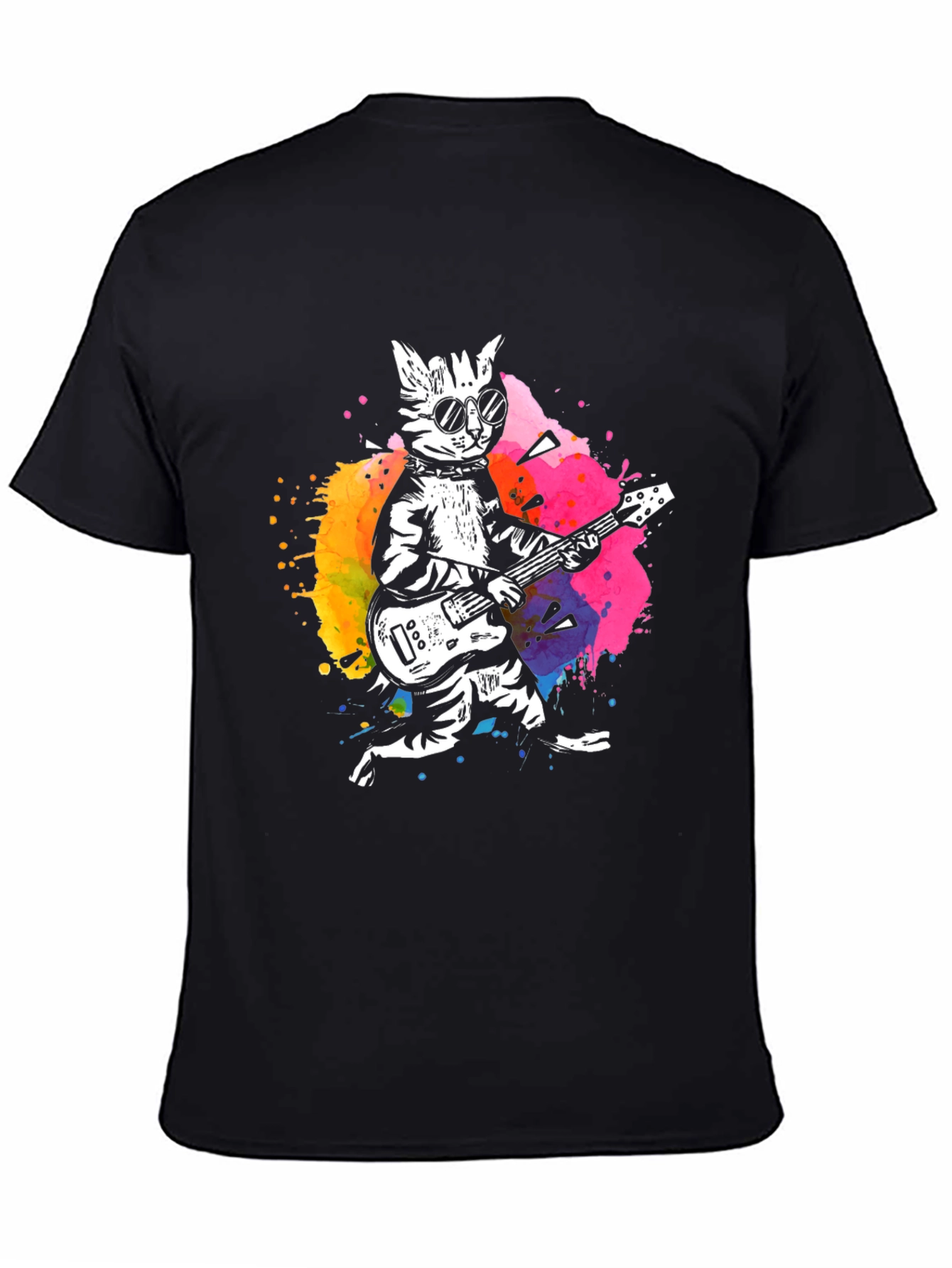 Camiseta Negra con Diseño de Gato Rockero