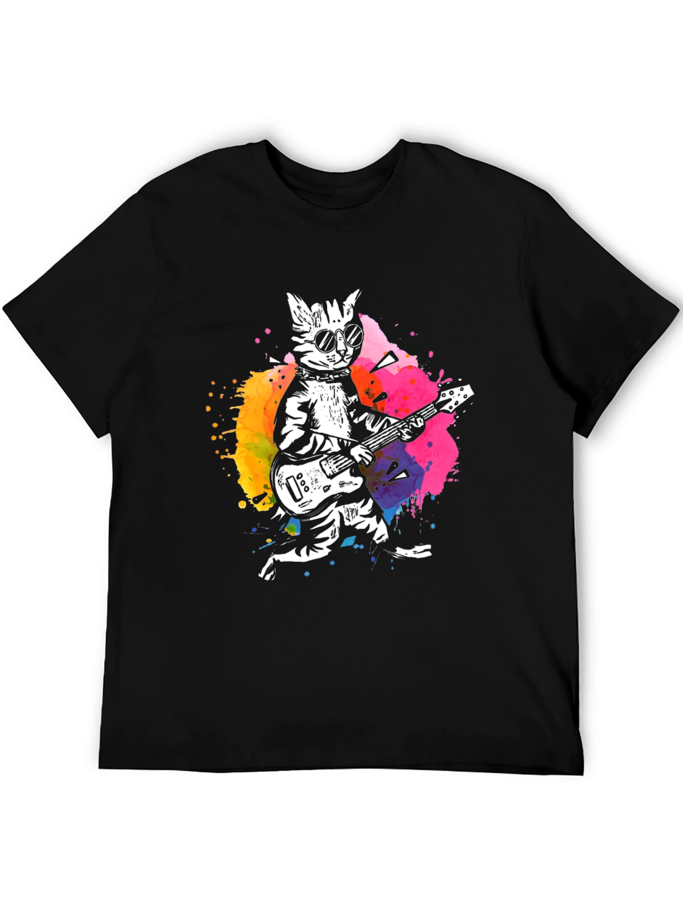 Camiseta Negra con Diseño de Gato Rockero