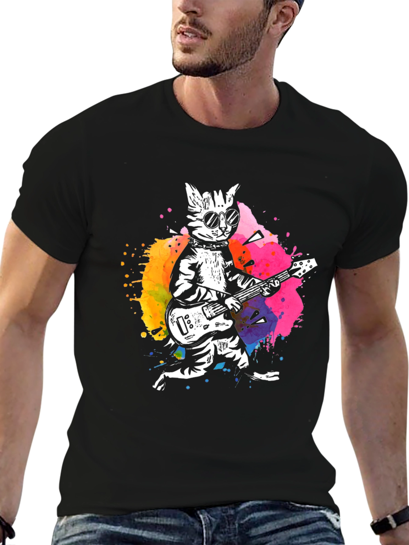 Camiseta Negra con Diseño de Gato Rockero