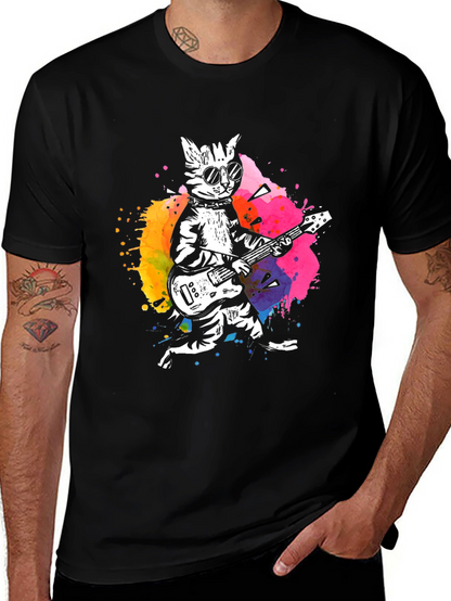 Camiseta Negra con Diseño de Gato Rockero