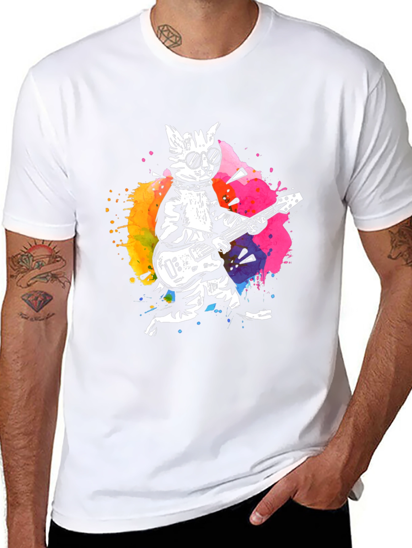 Camiseta Negra con Diseño de Gato Rockero