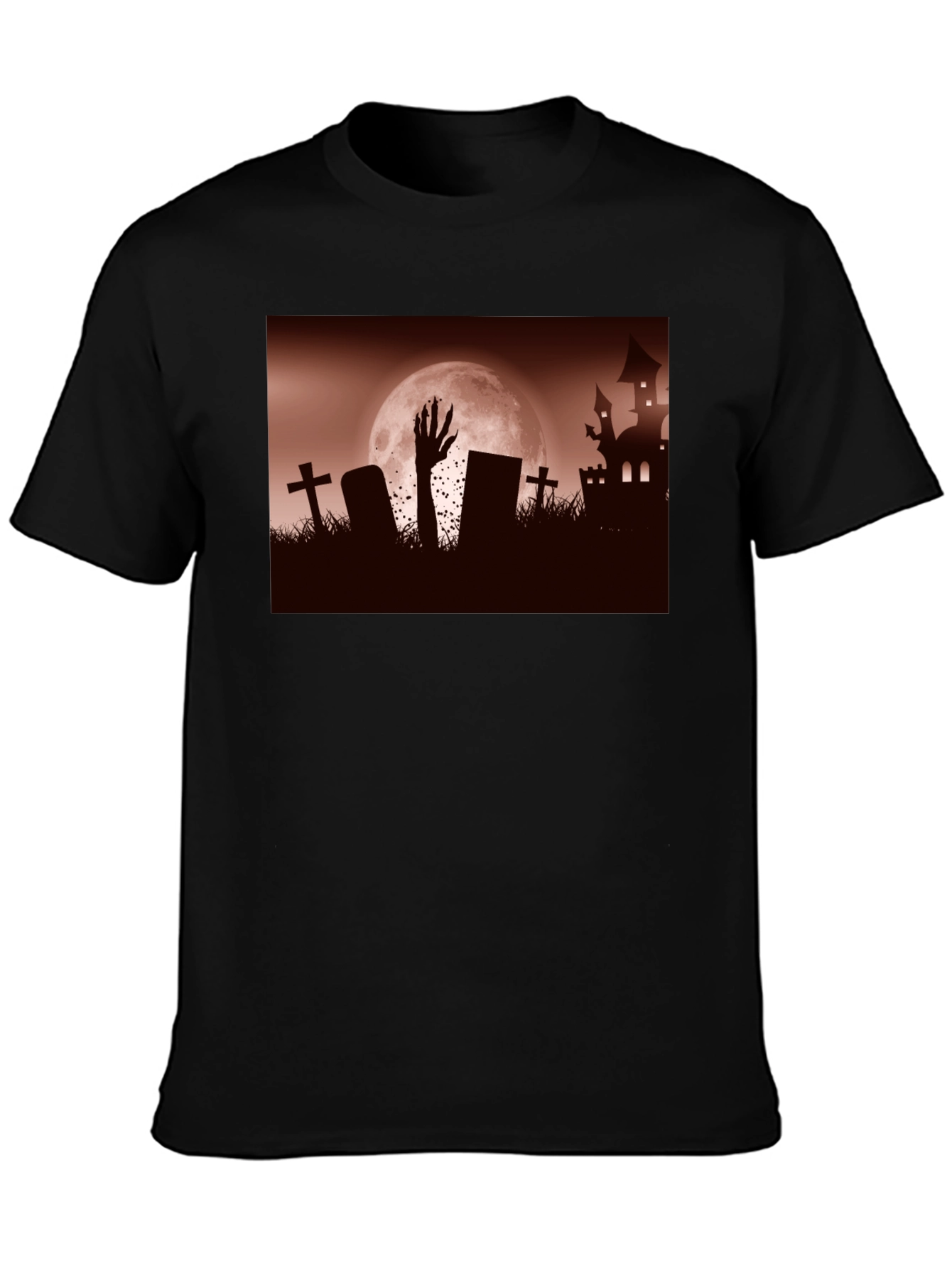 Camiseta Negra Halloween Cementerio y Mano Zombie