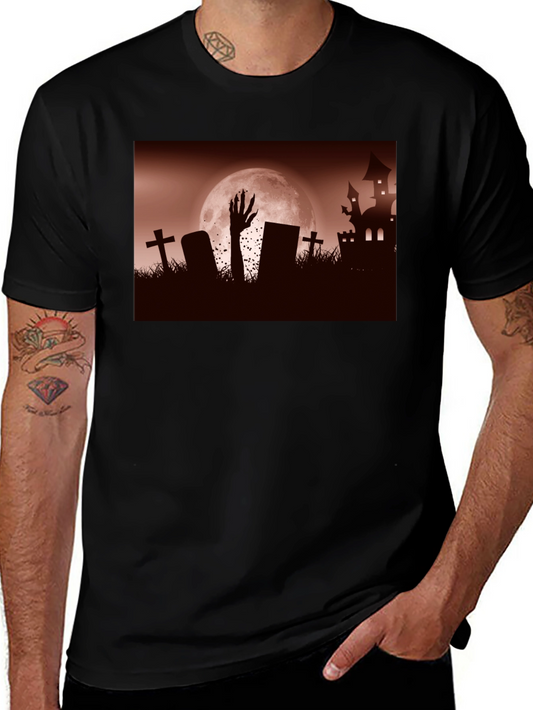 Camiseta Negra Halloween Cementerio y Mano Zombie