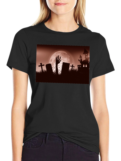 Camiseta Negra Halloween Cementerio y Mano Zombie