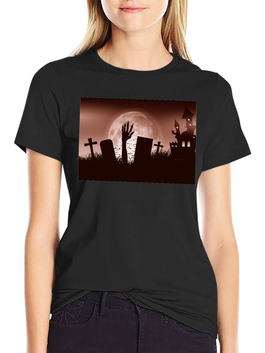 Camiseta Negra Halloween Cementerio y Mano Zombie
