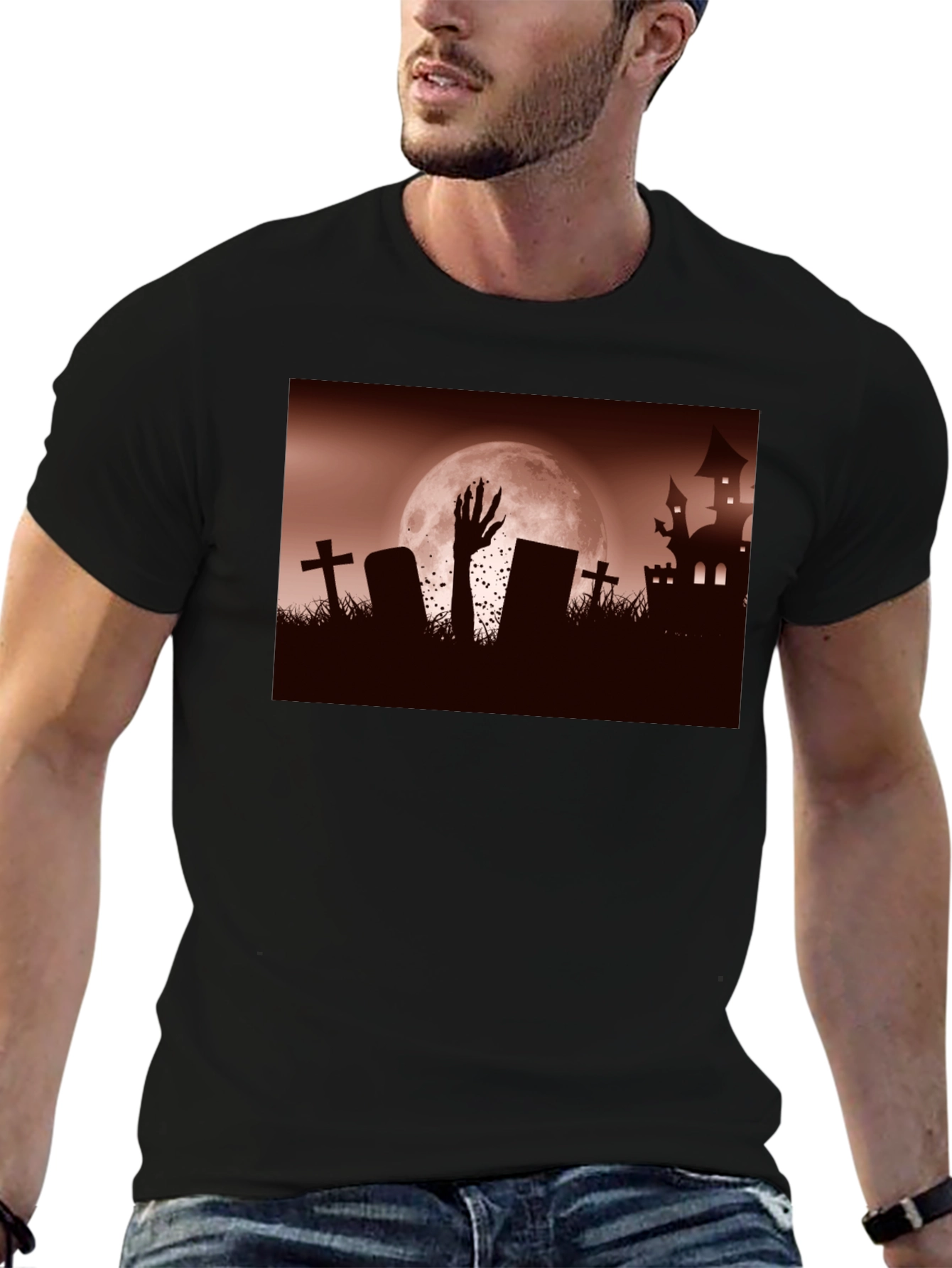 Camiseta Negra Halloween Cementerio y Mano Zombie