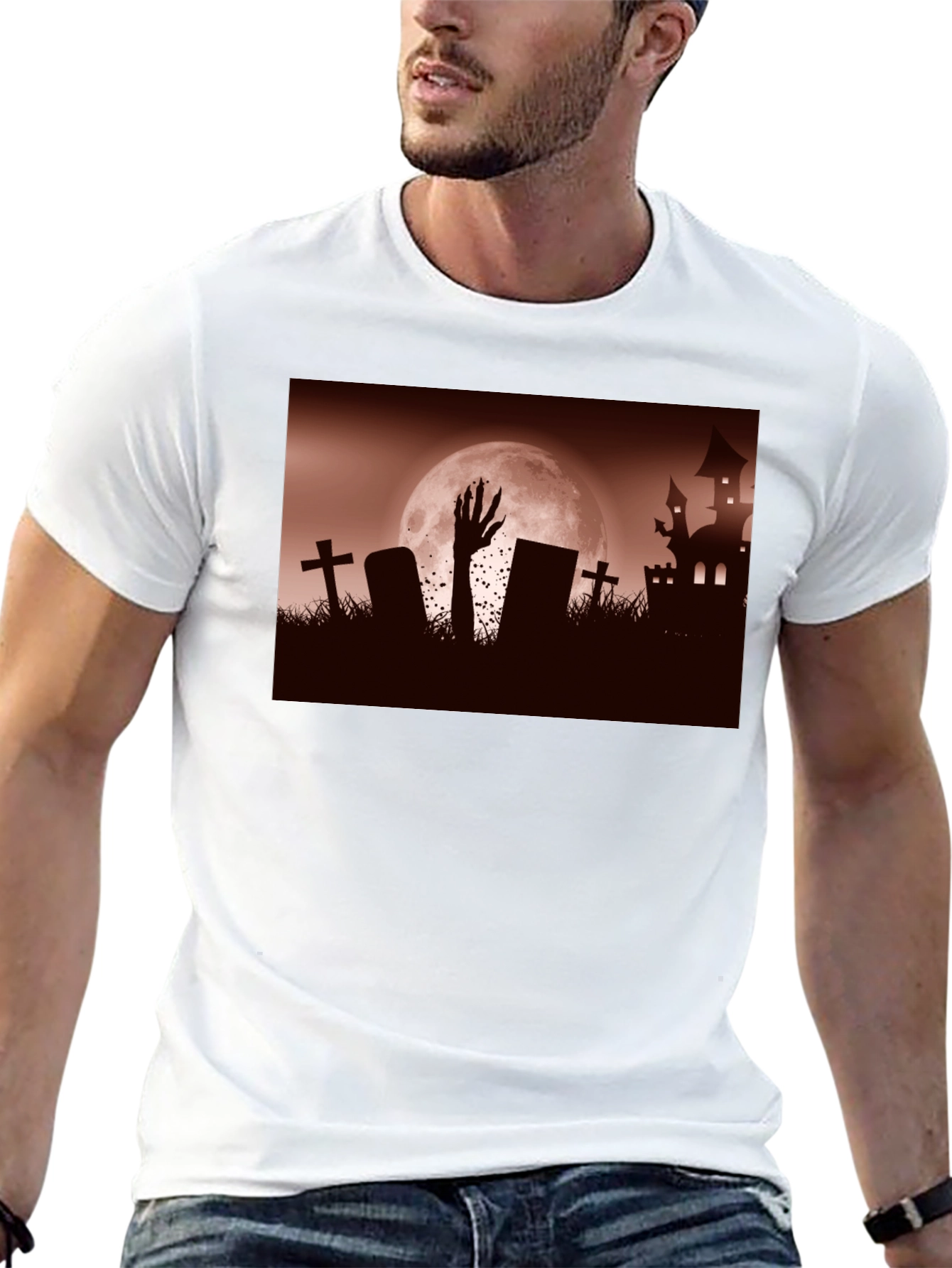 Camiseta Negra Halloween Cementerio y Mano Zombie