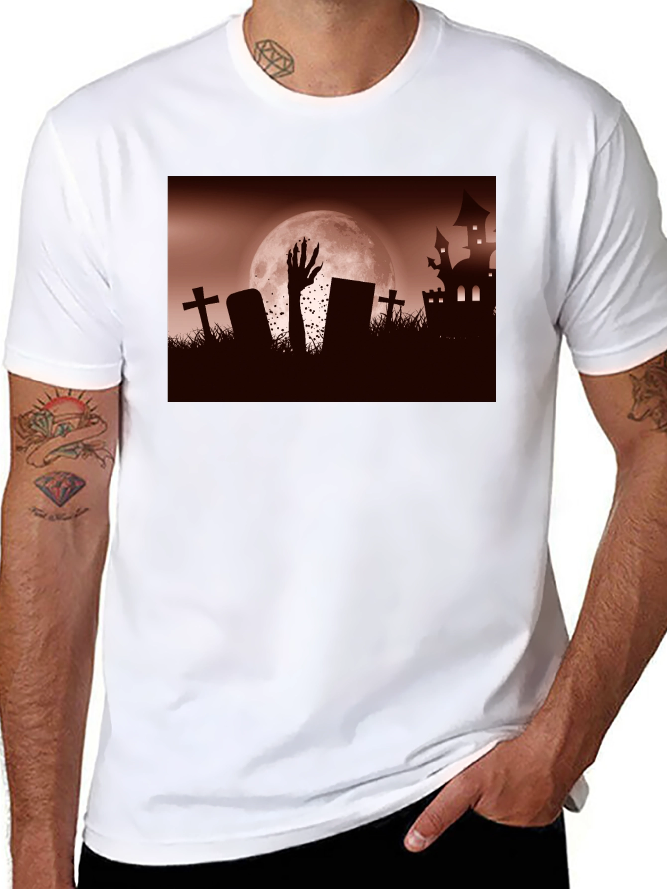 Camiseta Negra Halloween Cementerio y Mano Zombie