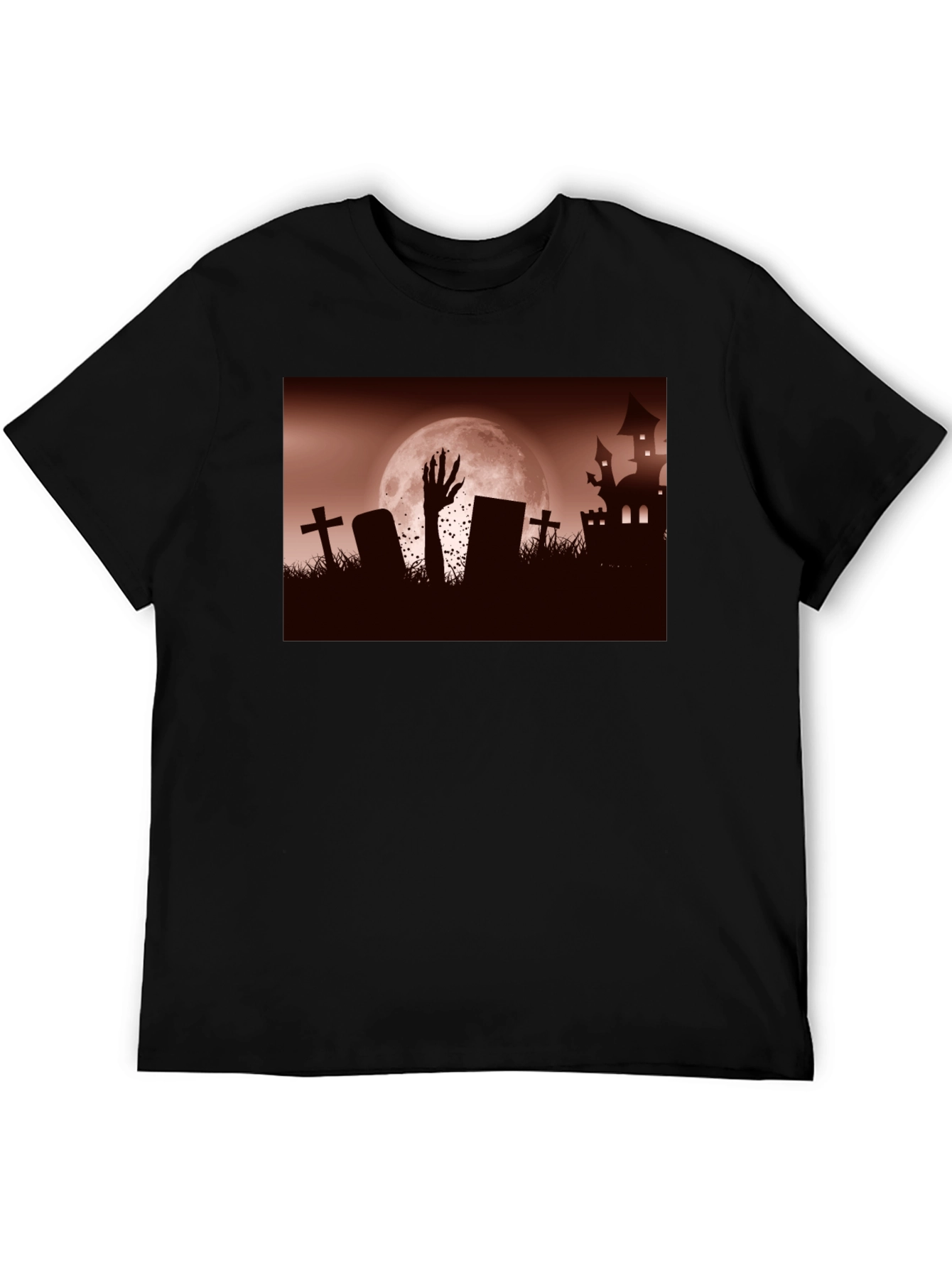 Camiseta Negra Halloween Cementerio y Mano Zombie