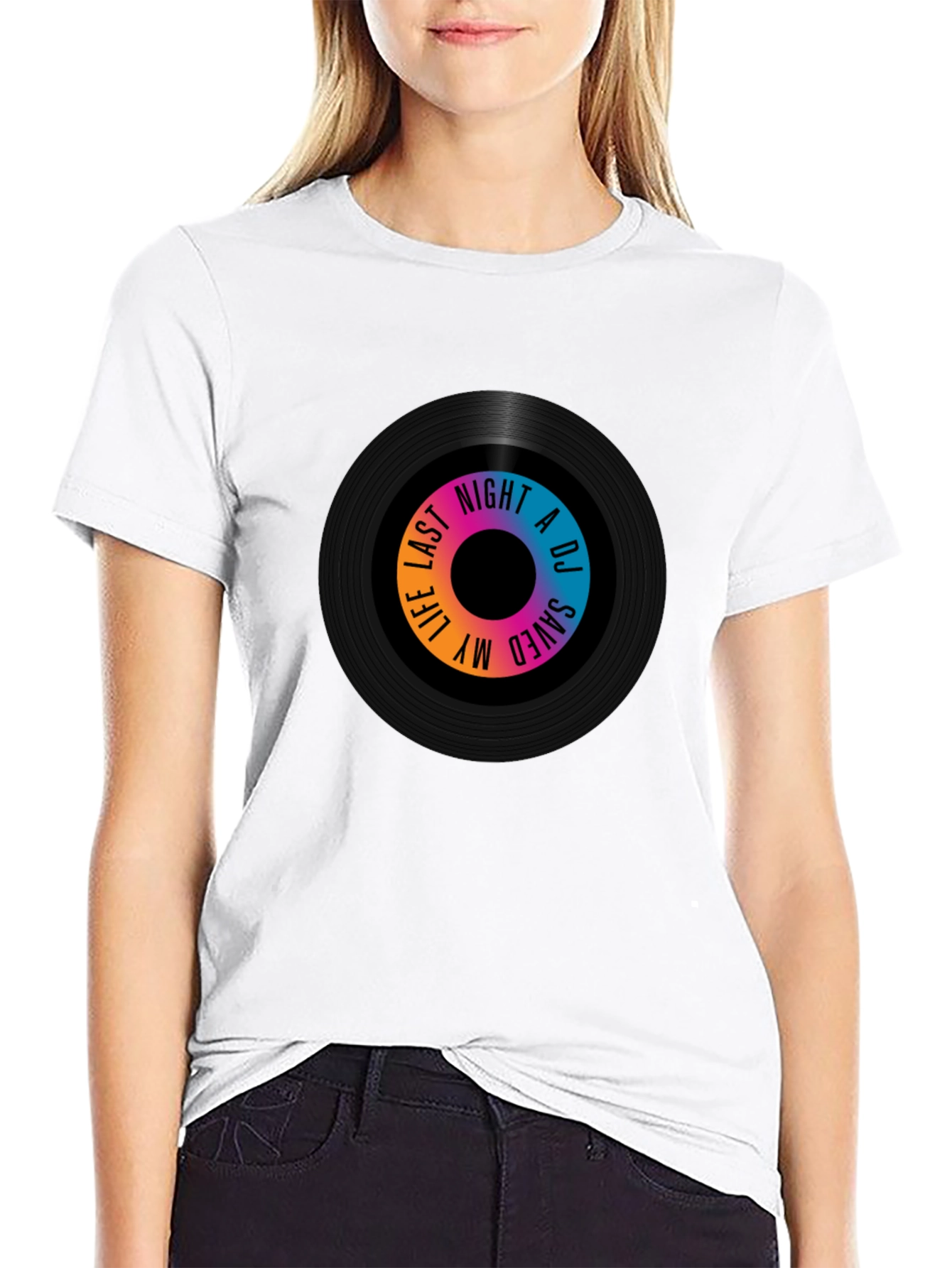 Camiseta Negra con Diseño de Vinilo Musical