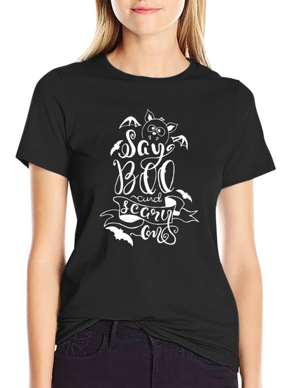 Camiseta Negra Halloween Say BOO and Scary On