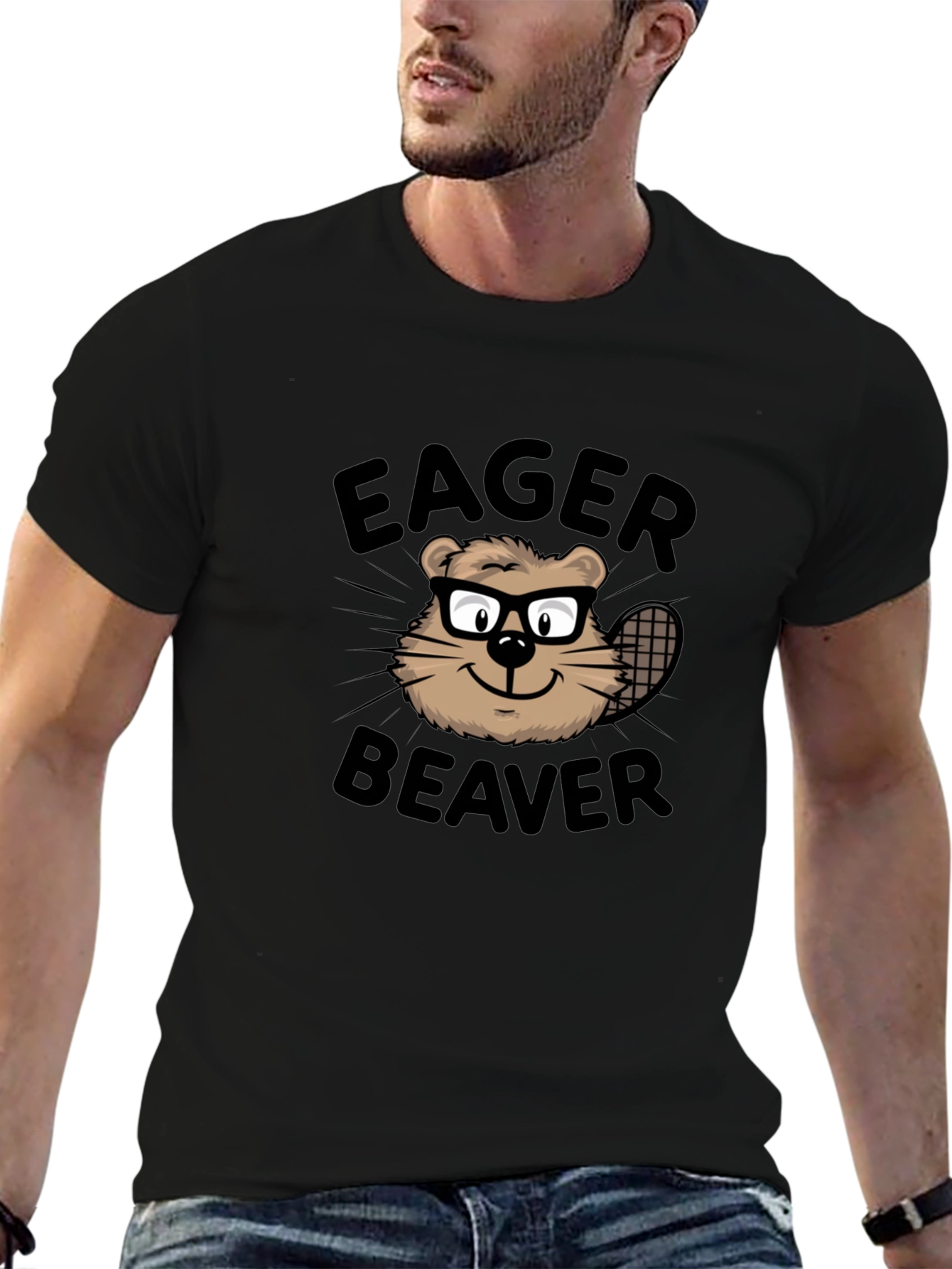 Camiseta Negra Eager Beaver con Diseño Divertido